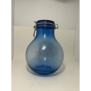 Grandma's All Purpose Storage Blue Glass Jar Wire Bail Flip Top Lid 9.5in